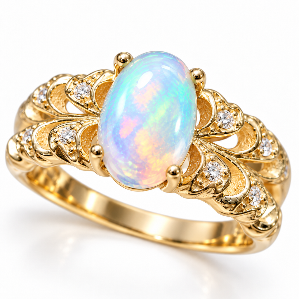 Close-up of natural 6x8mm fire opal showing colorful aqua, green, pink and peach play-of-color