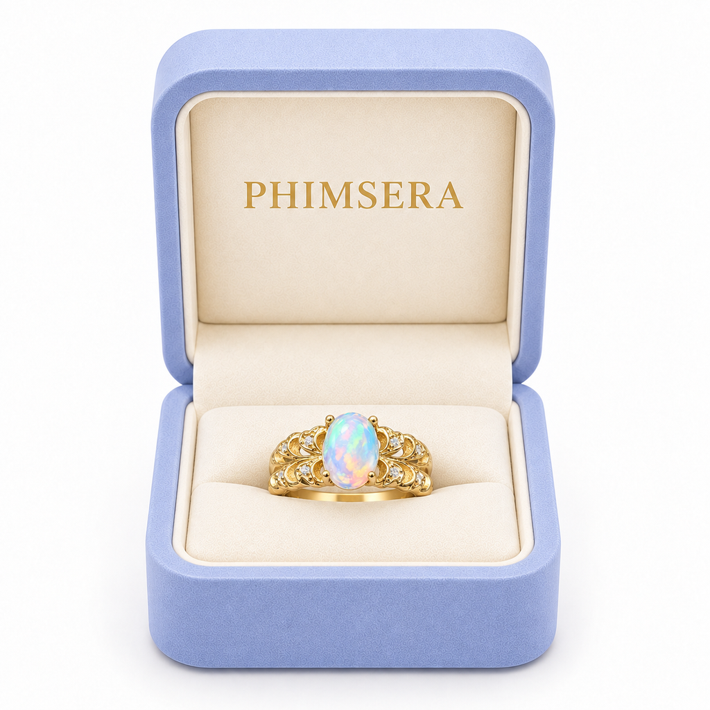 Natural 6x8mm fire opal ring presented in a Phimsera jewelry gift box