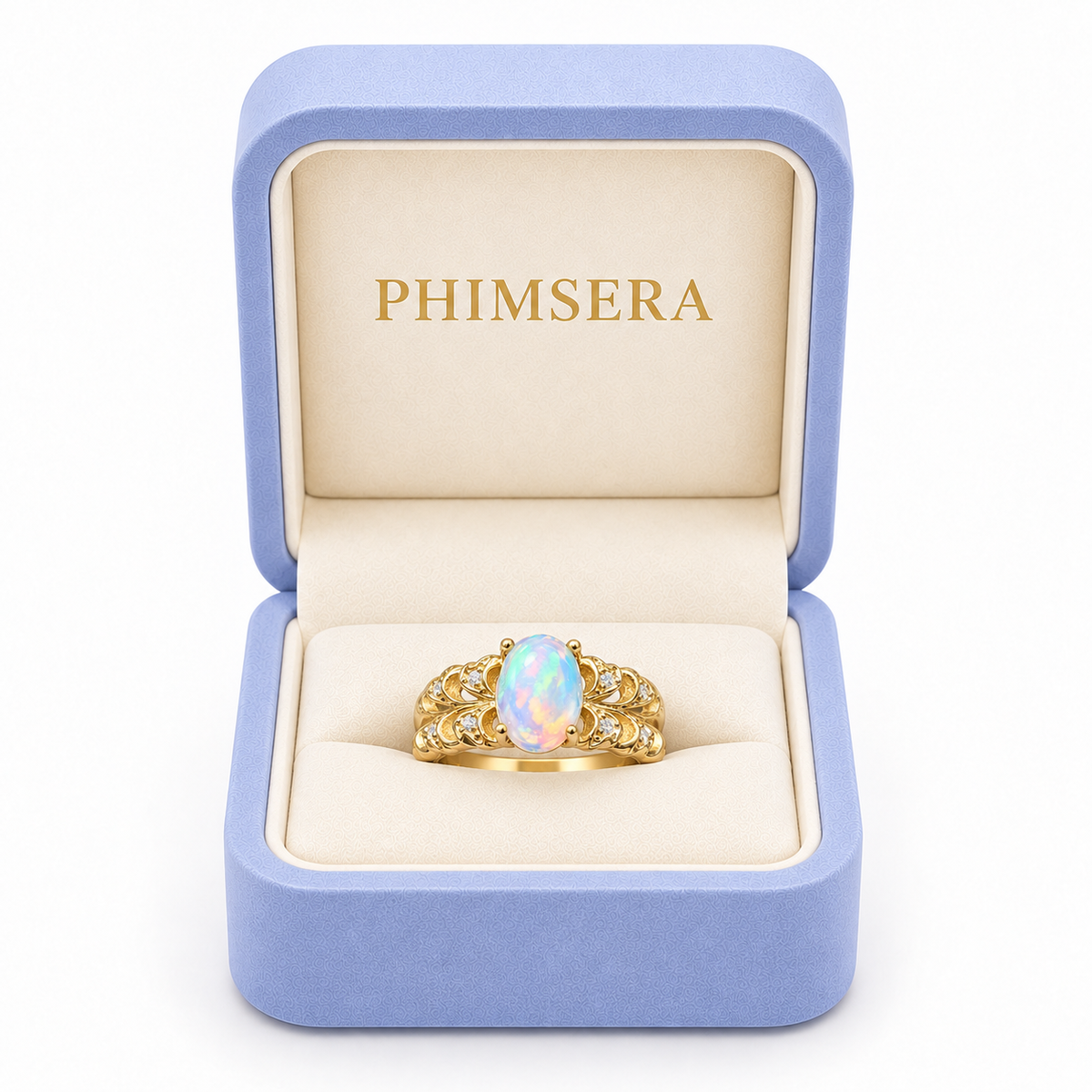 Natural 6x8mm fire opal ring presented in a Phimsera jewelry gift box