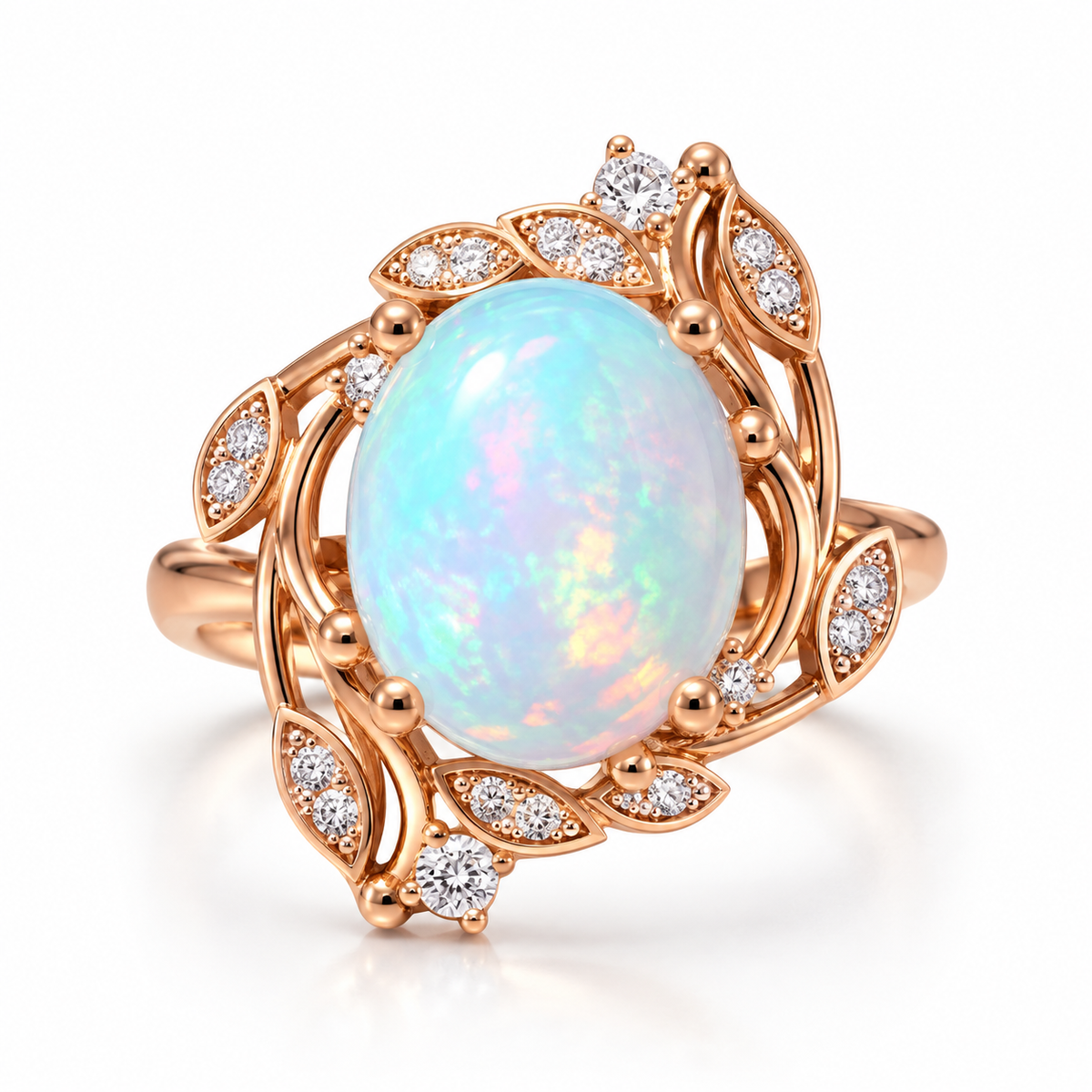 Natural 8x10mm oval fire opal ring in rose gold plated 925 sterling silver