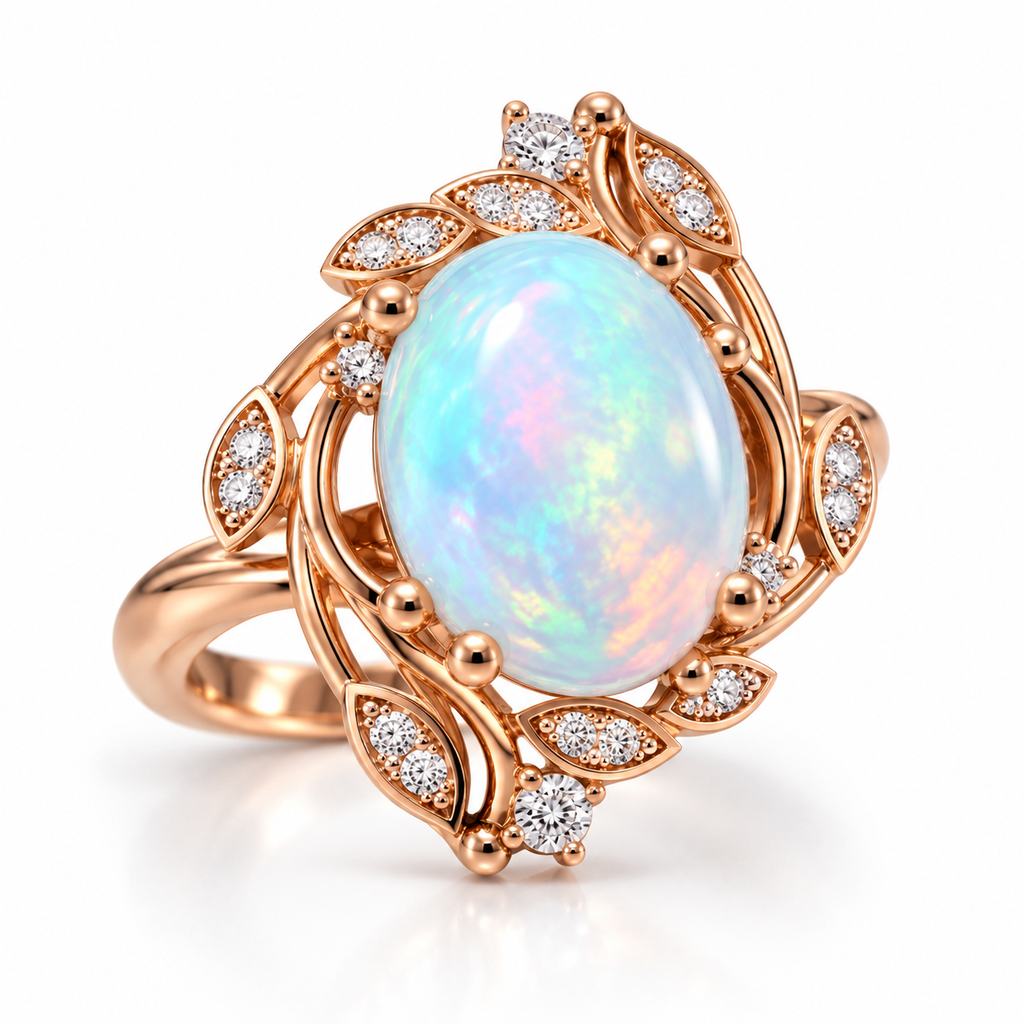 8x10mm oval fire opal ring shown from an angled view with botanical details