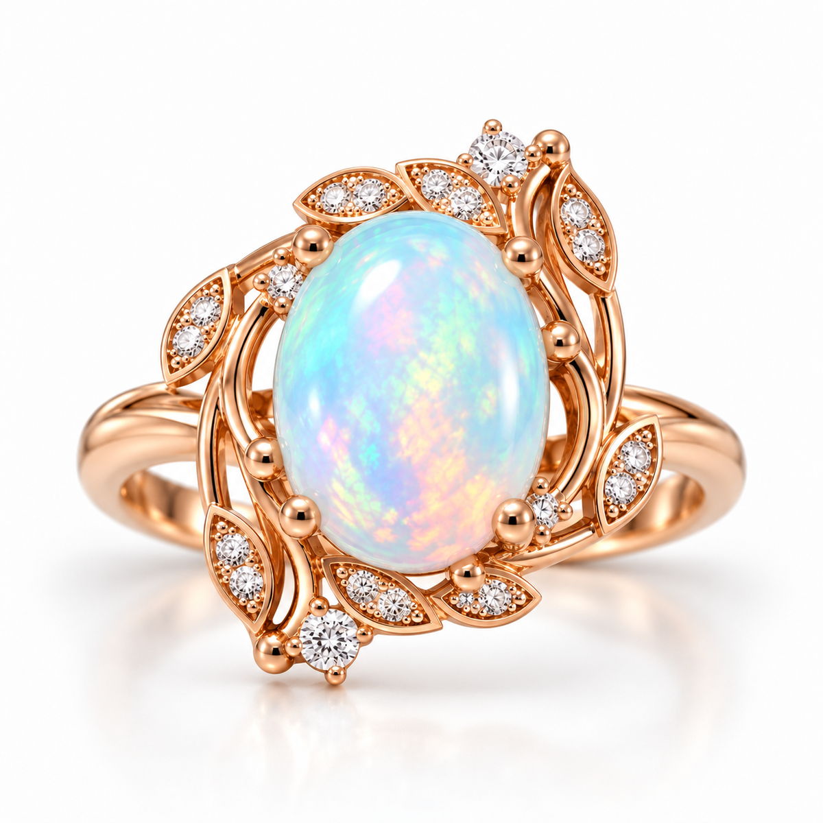 Natural fire opal ring with colorful play-of-color and ornate floral setting
