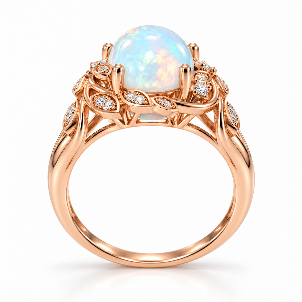 Side profile of 8x10mm oval fire opal ring showing raised openwork setting