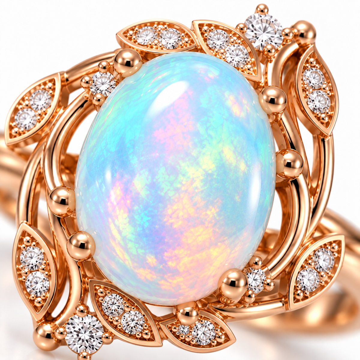 Macro view of natural 8x10mm fire opal with colorful aqua pink green and peach flashes