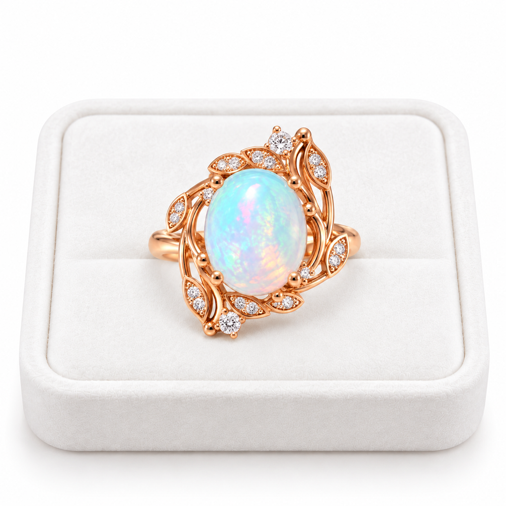 Natural 8x10mm fire opal ring displayed on a white velvet jewelry tray