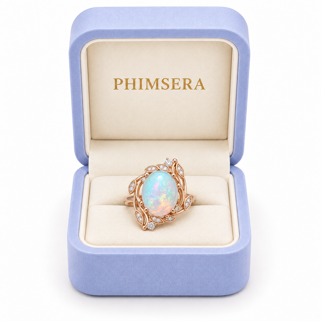 Phimsera 8x10mm natural fire opal ring presented in a lavender jewelry box