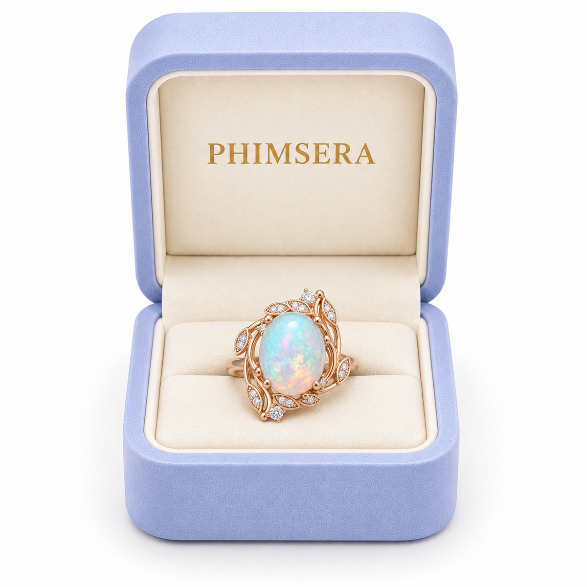 Phimsera 8x10mm natural fire opal ring presented in a lavender jewelry box