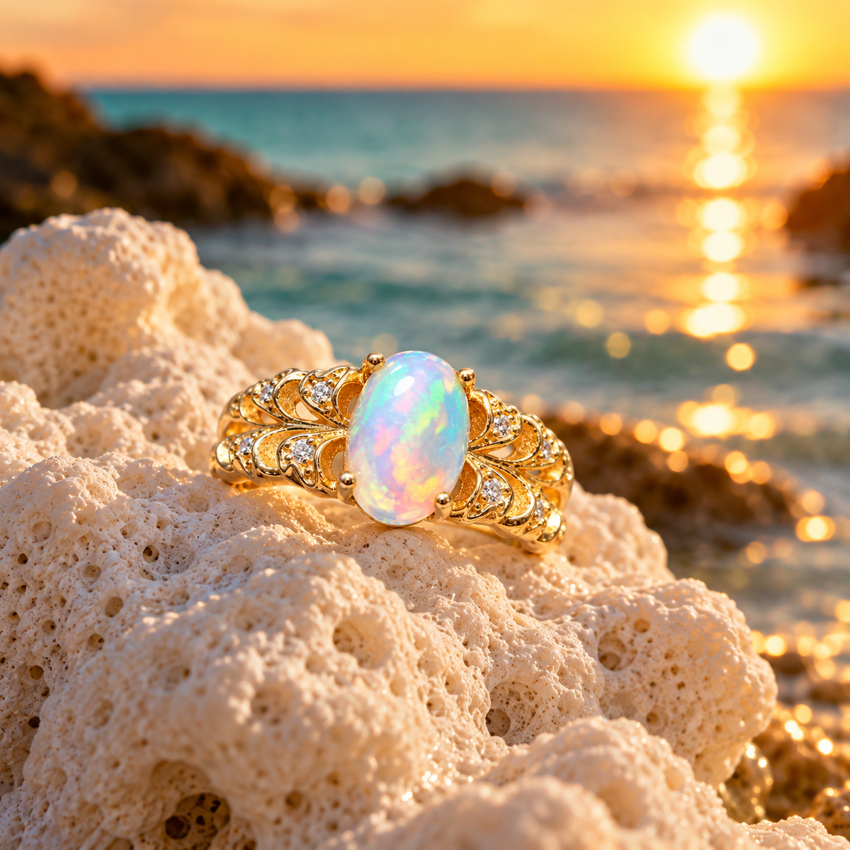 6x8mm natural fire opal ring resting on coastal coral during golden hour