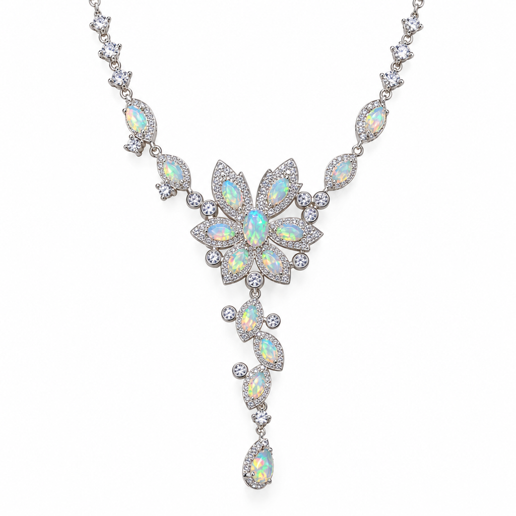 Natural Fire Opal necklace with 3x5mm oval gemstones in 925 Sterling Silver