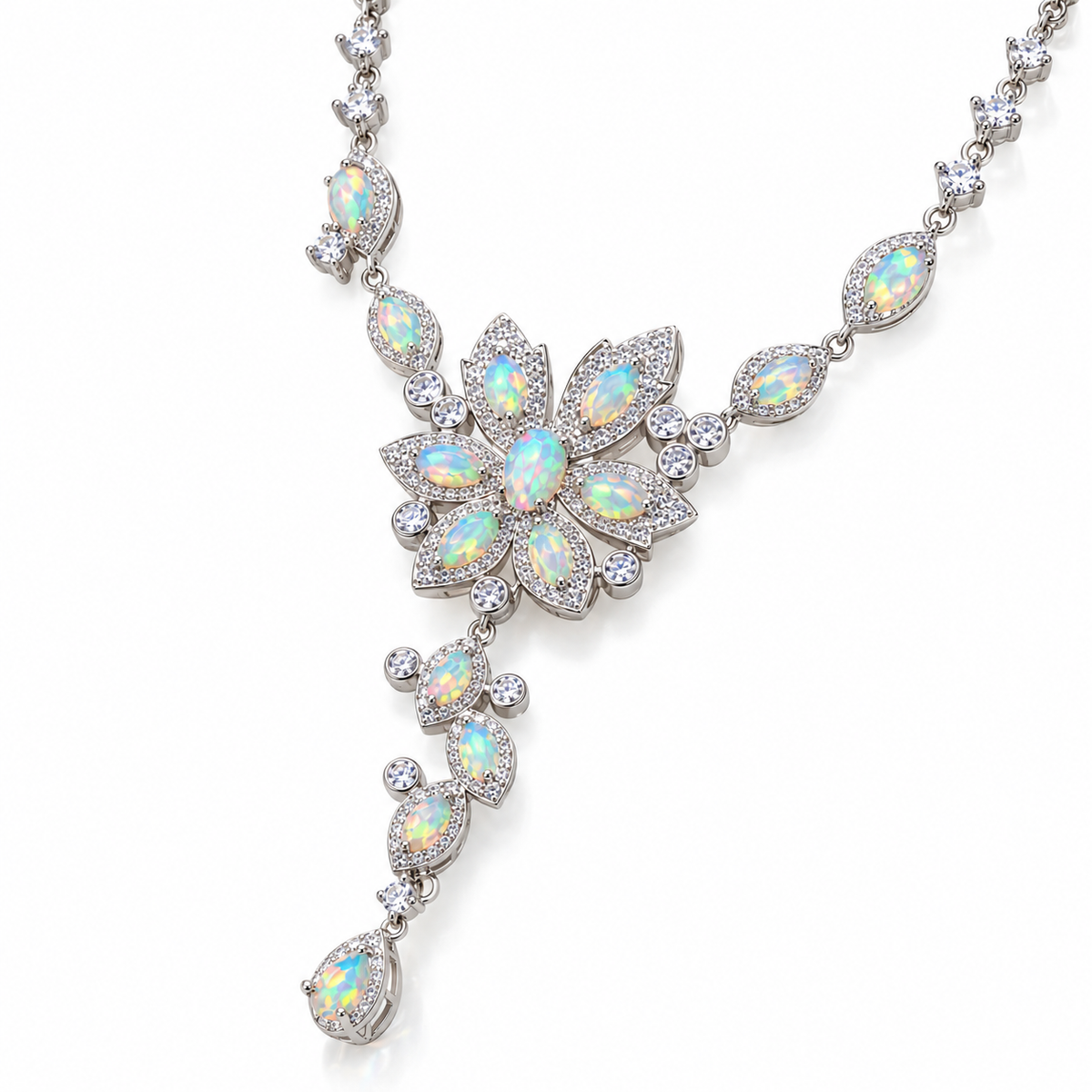 Angled view of 3x5mm natural Fire Opal necklace in 925 Sterling Silver