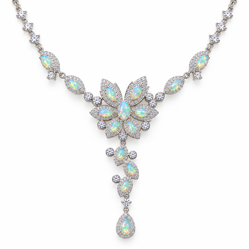 Top view of natural Fire Opal necklace with 3x5mm oval gemstones