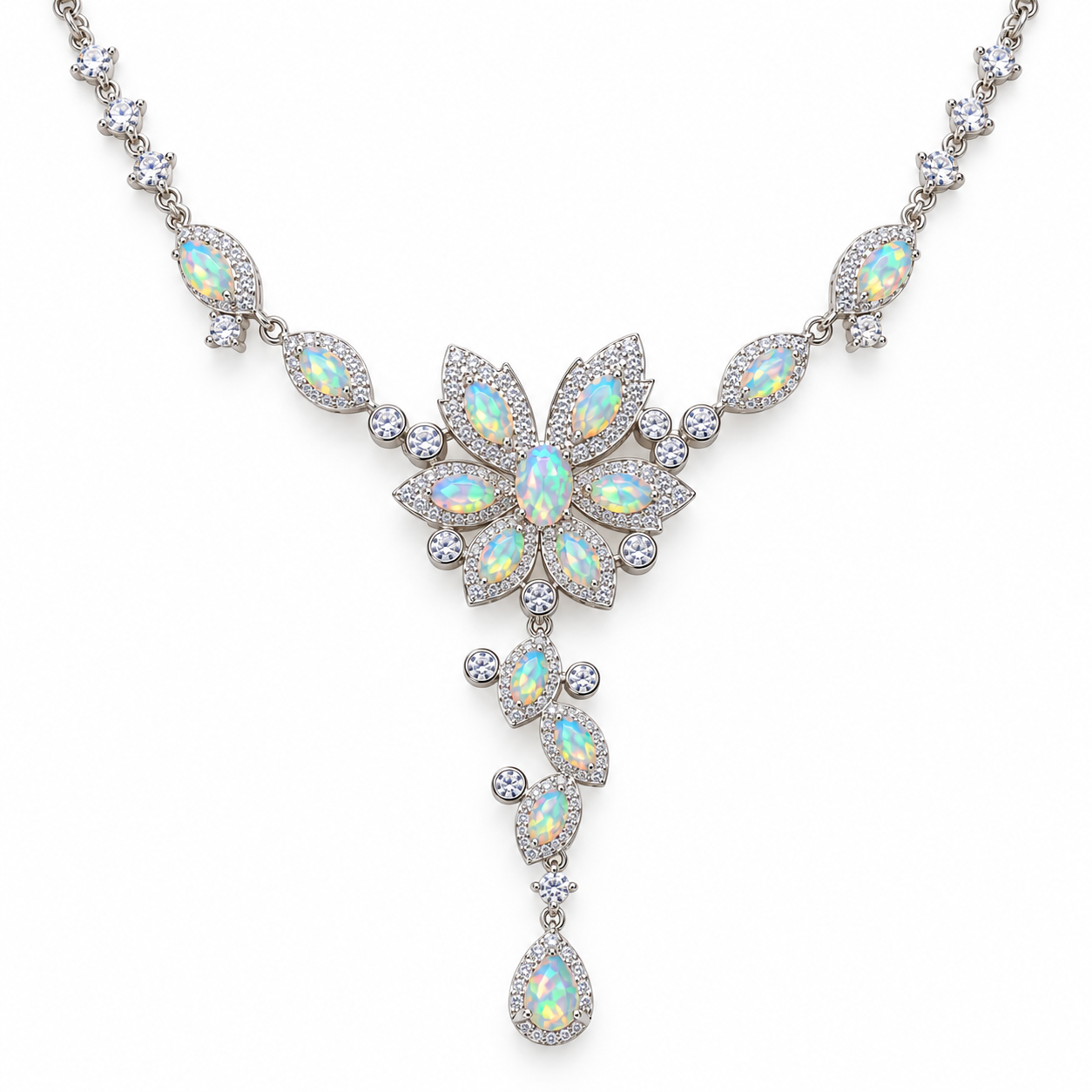 Top view of natural Fire Opal necklace with 3x5mm oval gemstones