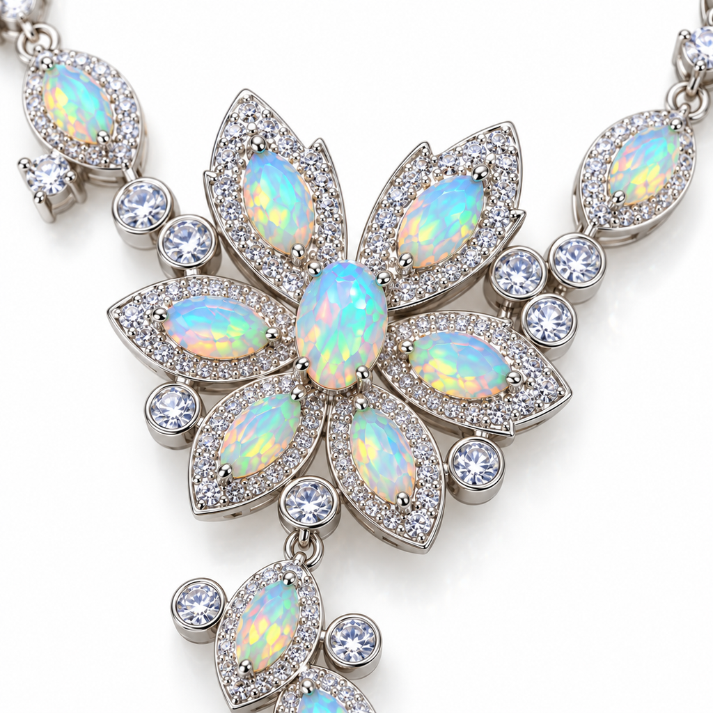 Close-up of multicolor 3x5mm Fire Opal gemstones in Sterling Silver settings