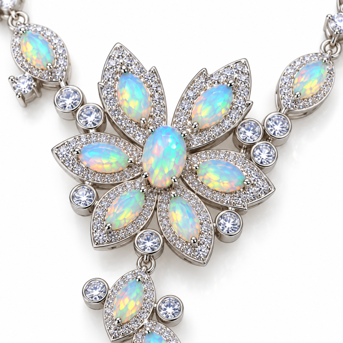 Close-up of multicolor 3x5mm Fire Opal gemstones in Sterling Silver settings