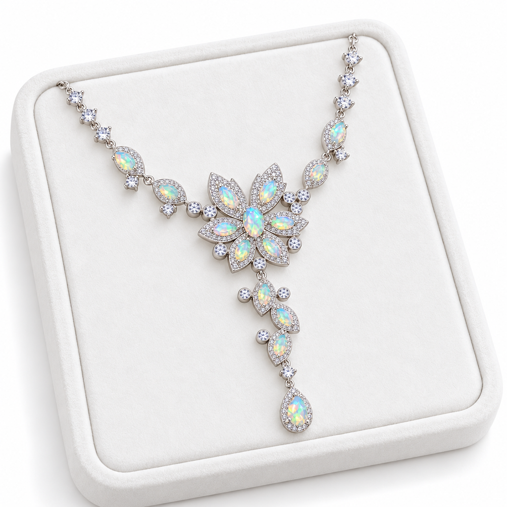 3x5mm natural Fire Opal necklace displayed on a white velvet jewelry tray