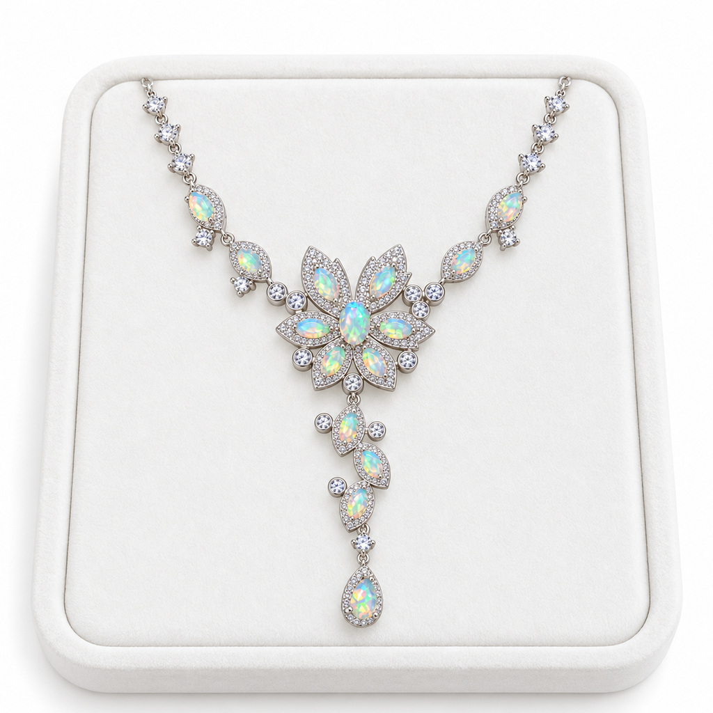 3x5mm natural Fire Opal necklace displayed on a white velvet jewelry tray