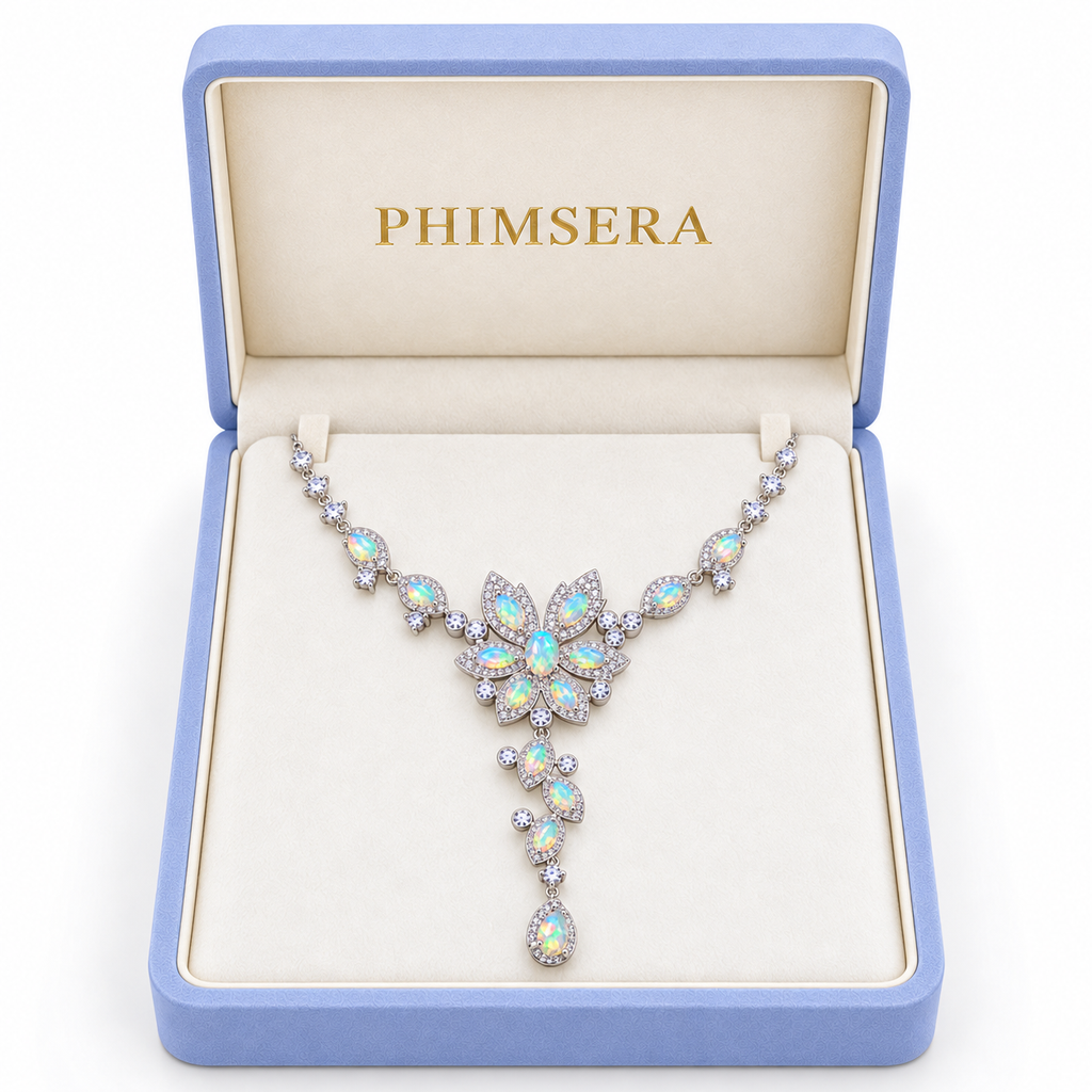Natural Fire Opal necklace presented in a Phimsera jewelry box