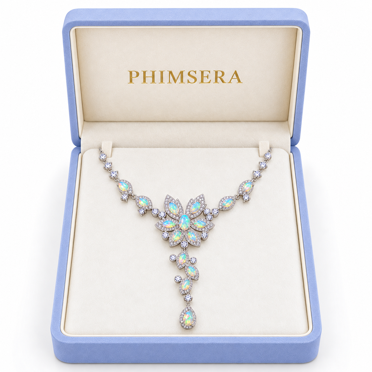 Natural Fire Opal necklace presented in a Phimsera jewelry box