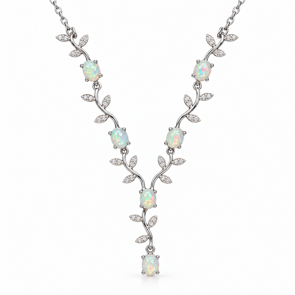 Natural 4x5mm oval opal vine necklace in 925 sterling silver on white background
