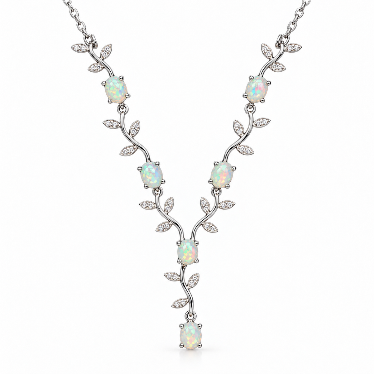 Natural 4x5mm oval opal vine necklace in 925 sterling silver on white background