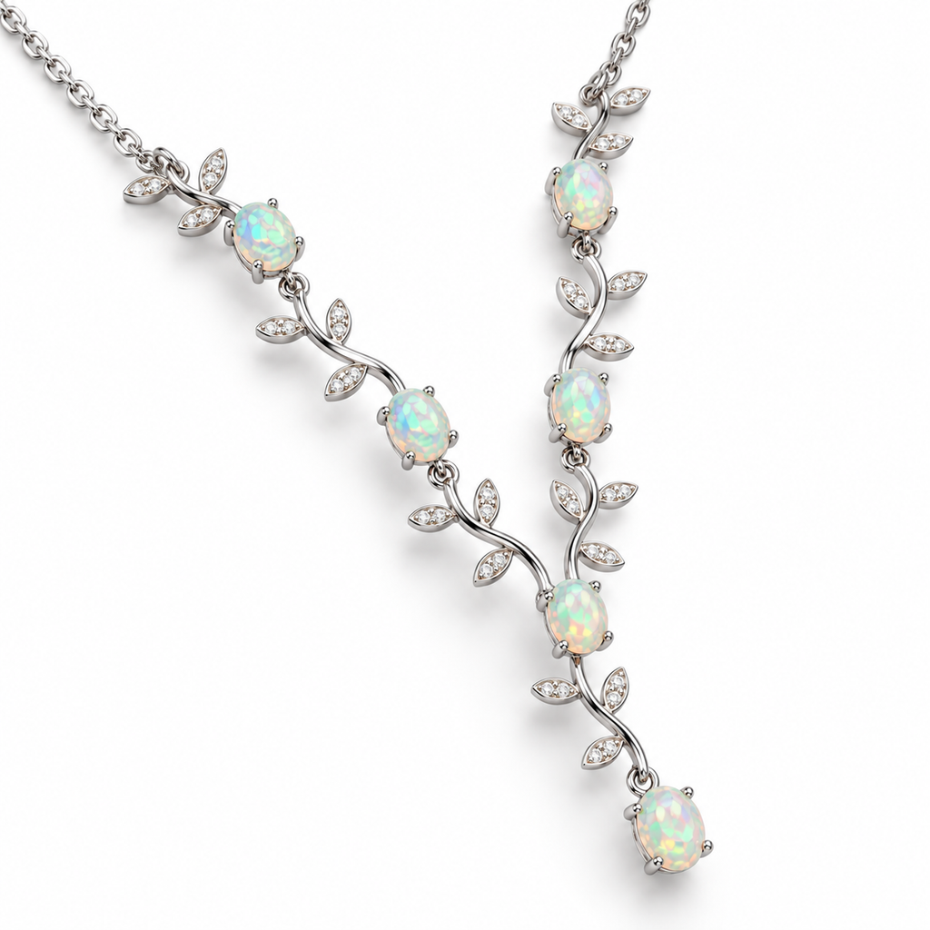 Angled view of natural 4x5mm oval opal vine necklace with leaf accents