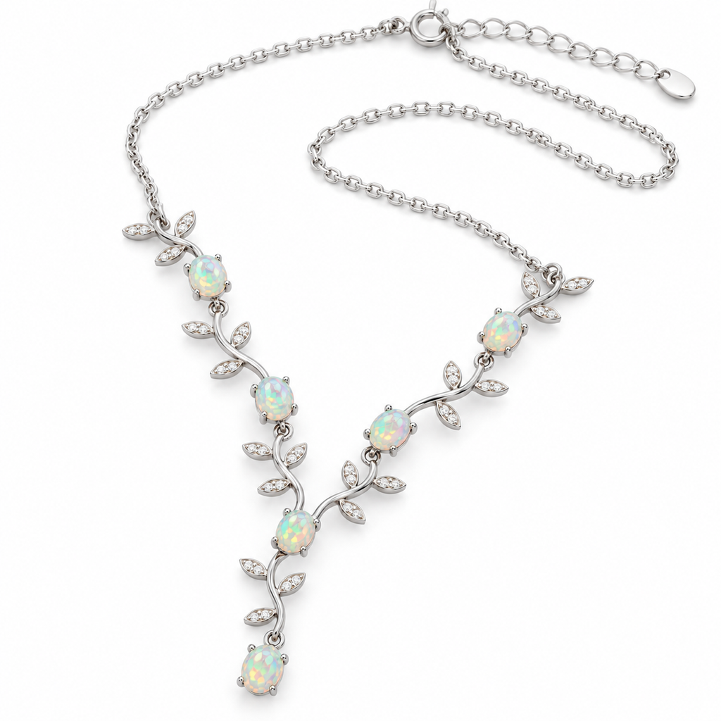 Natural opal vine necklace shown from an alternate angle on white background