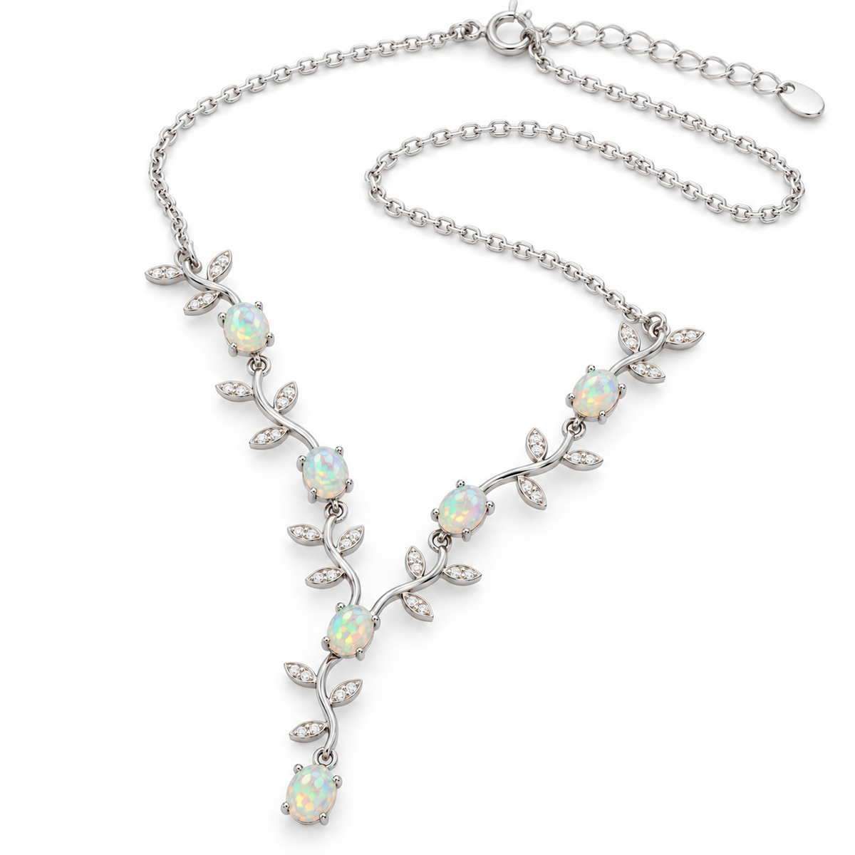Natural opal vine necklace shown from an alternate angle on white background