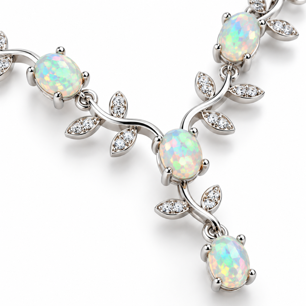 Macro view of natural opals and sparkling leaf details on vine necklace