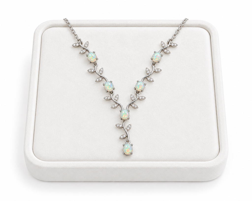 Natural 4x5mm oval opal vine necklace displayed on a white velvet jewelry tray