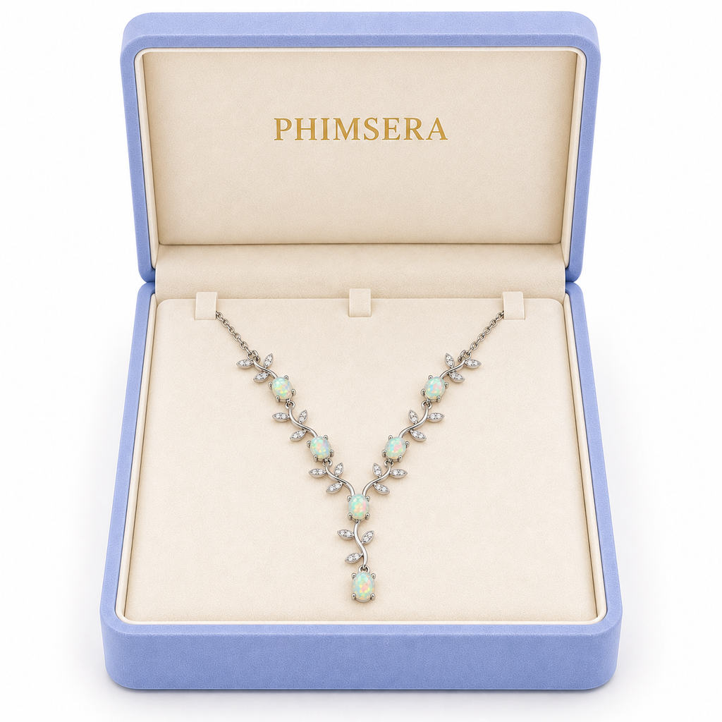 Natural opal vine necklace presented in a Phimsera lavender jewelry gift box
