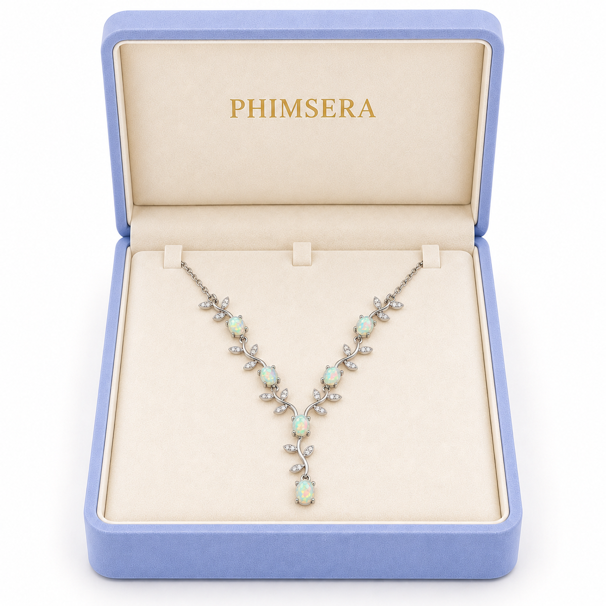 Natural opal vine necklace presented in a Phimsera lavender jewelry gift box