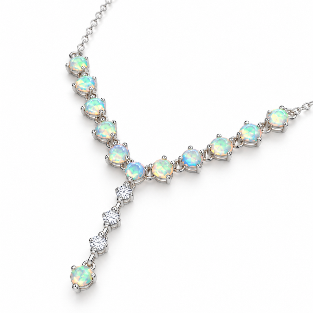 Natural opal gemstone necklace showing elegant V-shaped design