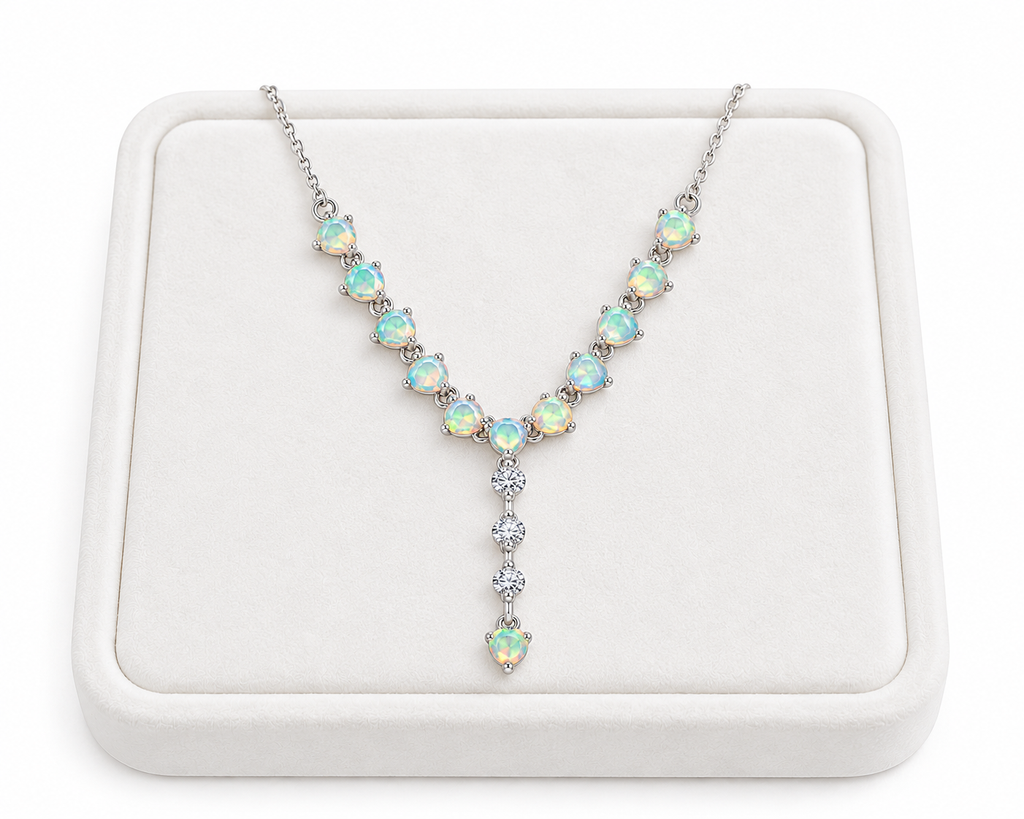 Natural 3mm opal necklace displayed on a white velvet jewelry tray