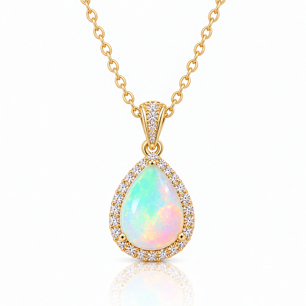 Natural 7x9mm pear-cut fire opal necklace with colorful iridescent gemstone and sparkling halo in Gold Plated 925 sterling silver on white background