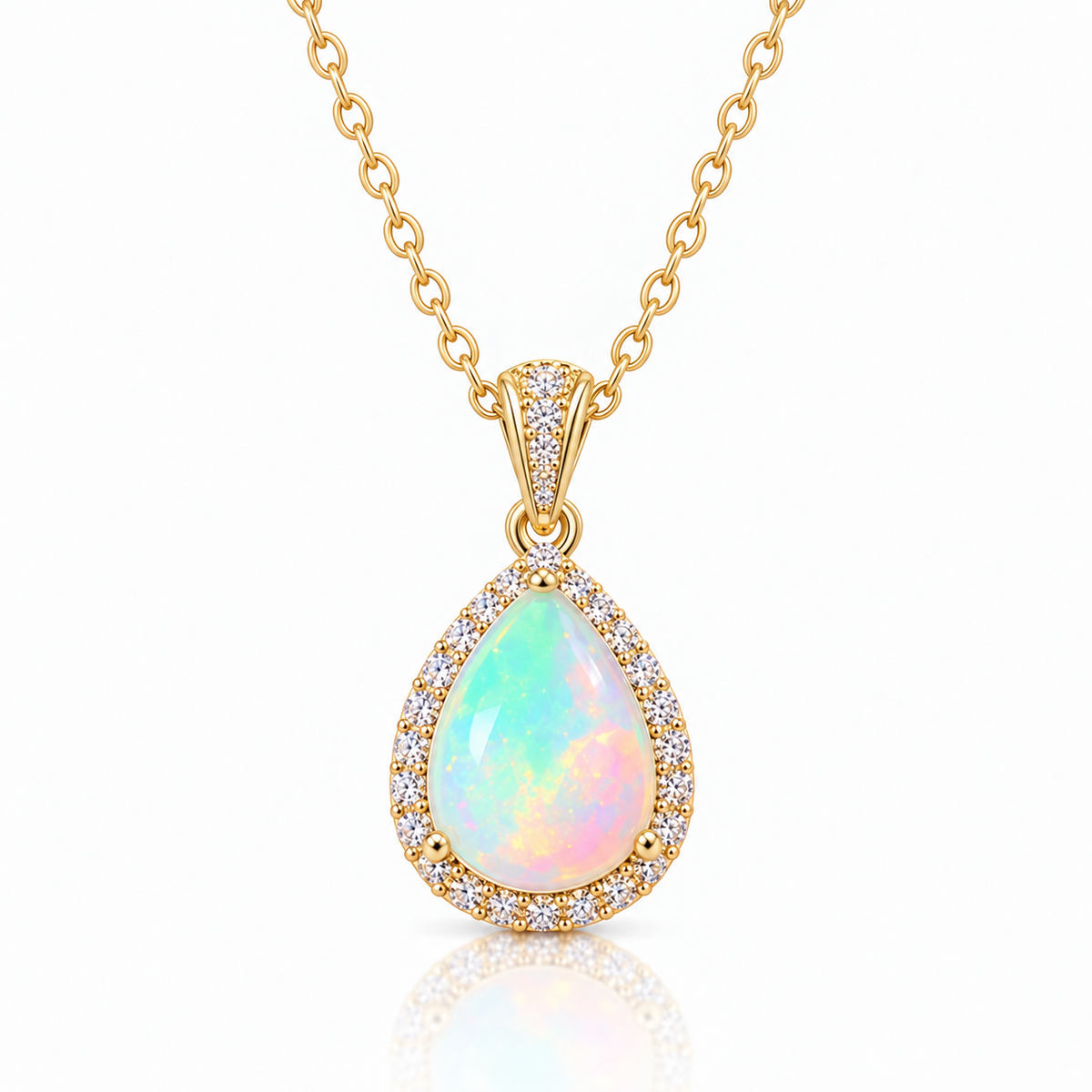 Natural 7x9mm pear-cut fire opal necklace with colorful iridescent gemstone and sparkling halo in Gold Plated 925 sterling silver on white background