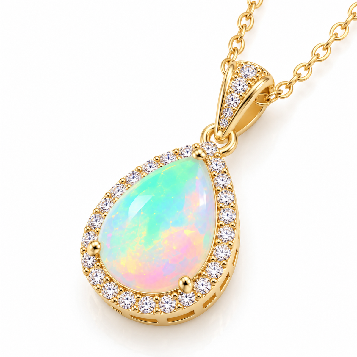 7x9mm natural pear-cut fire opal pendant necklace shown at an elegant angle with colorful play-of-color and sparkling halo