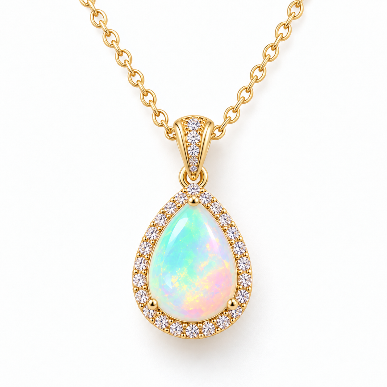 Close front view of natural 7x9mm pear-cut fire opal necklace showing multicolor iridescence and detailed halo setting