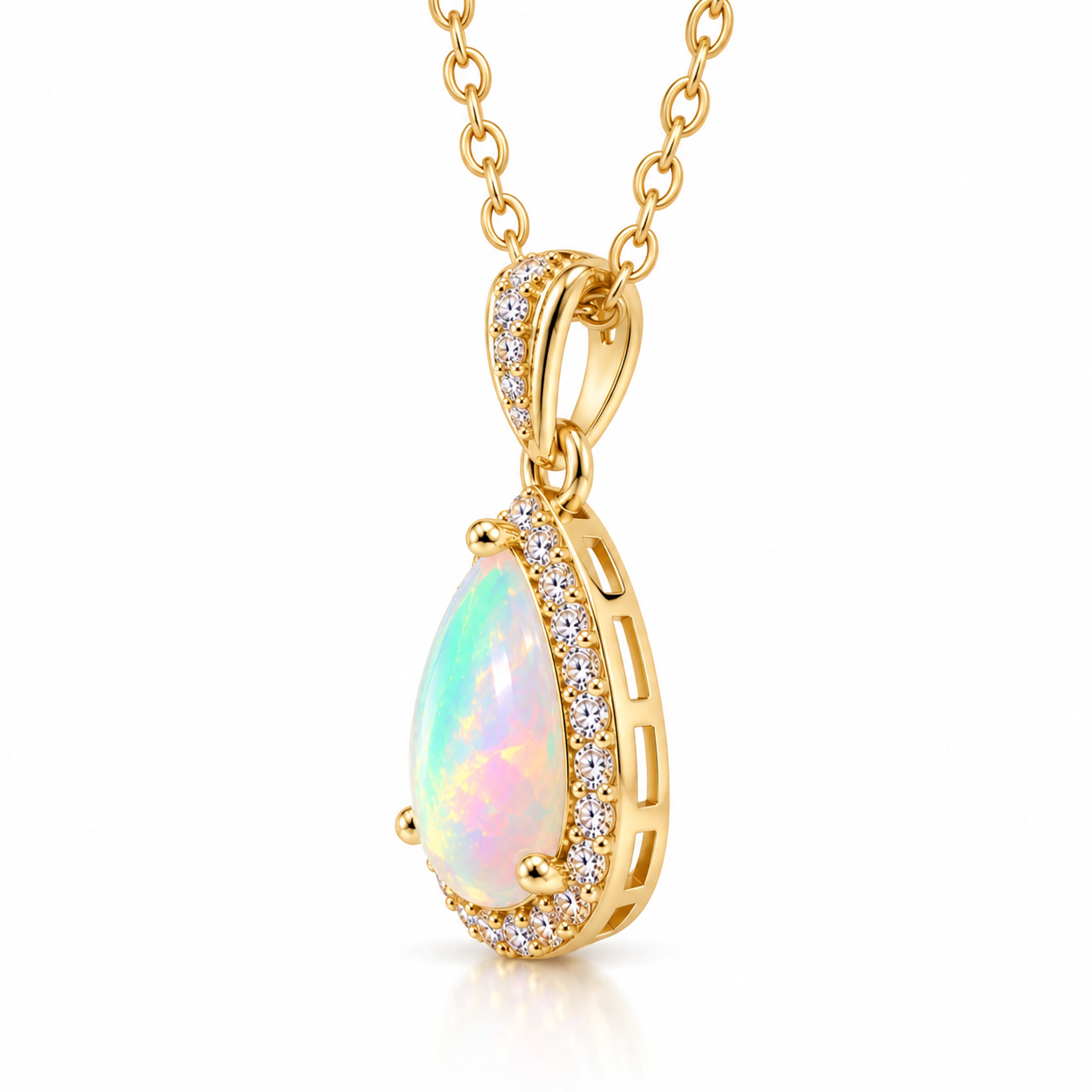 Side angle of 7x9mm pear-cut natural fire opal pendant necklace showing the Gold Plated 925 sterling silver setting and jeweled bail