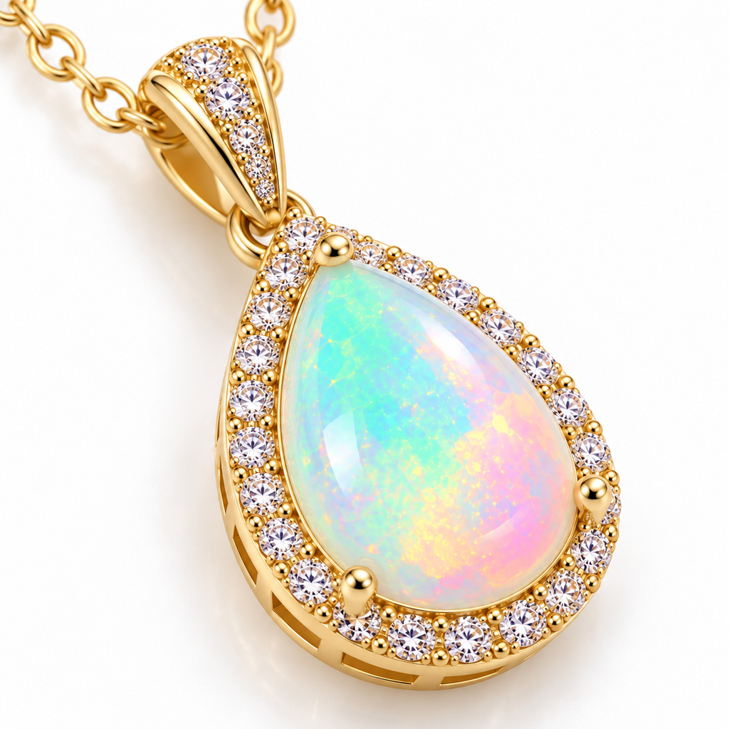 Macro view of natural 7x9mm pear-cut fire opal pendant showing colorful green pink blue and yellow play-of-color with sparkling accent stones