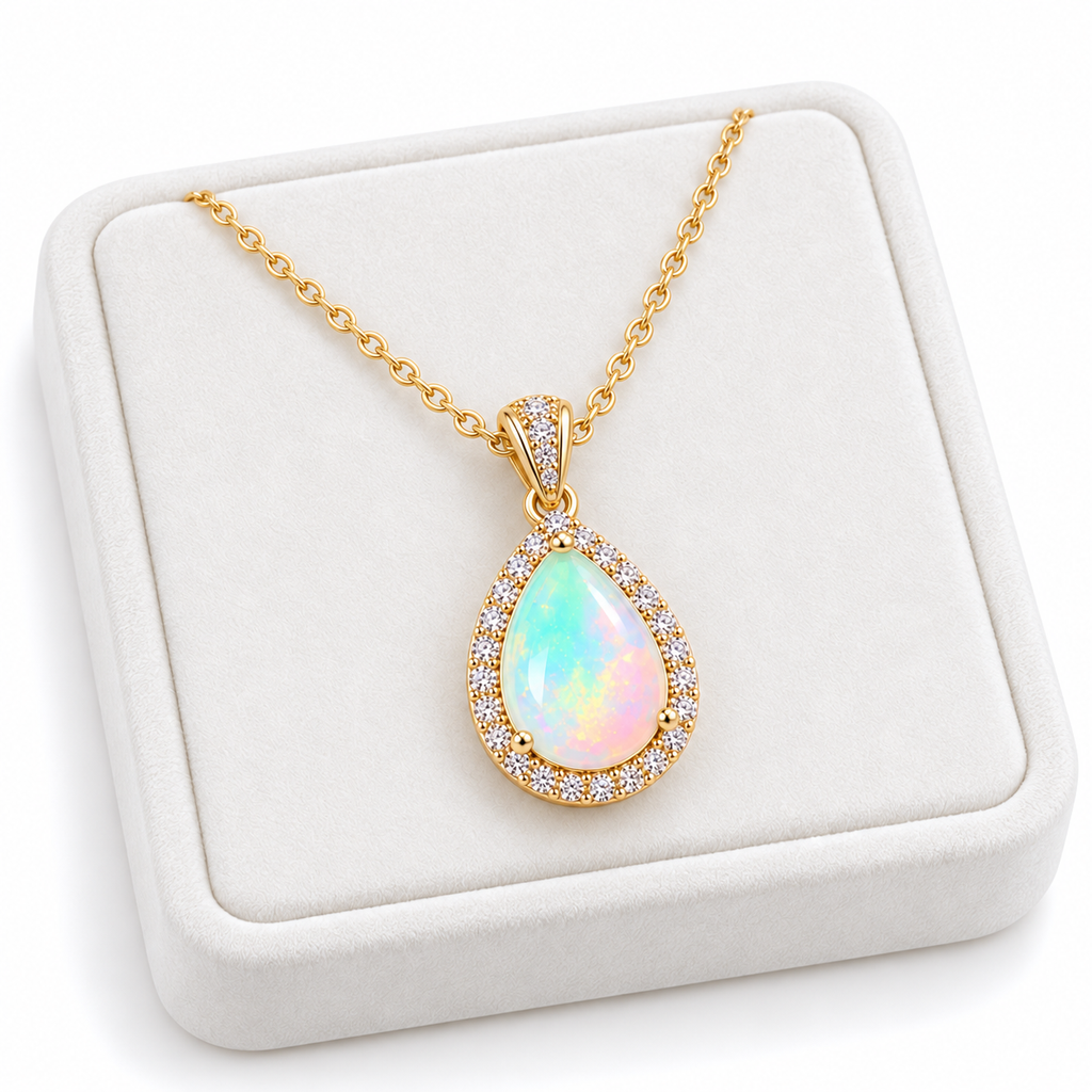 Natural 7x9mm pear-cut fire opal necklace displayed on a white velvet jewelry tray against a white background