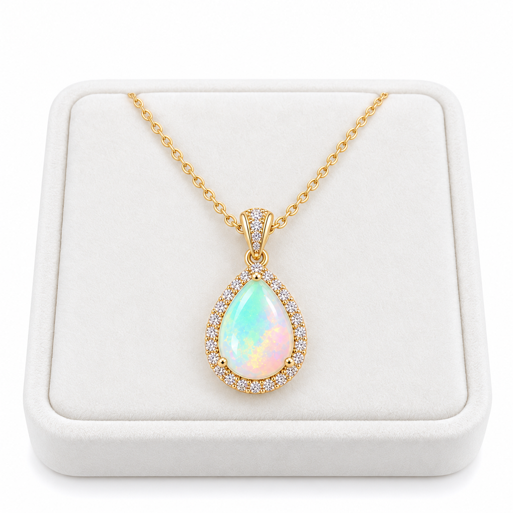Natural 7x9mm pear-cut fire opal necklace displayed on a white velvet jewelry tray against a white background