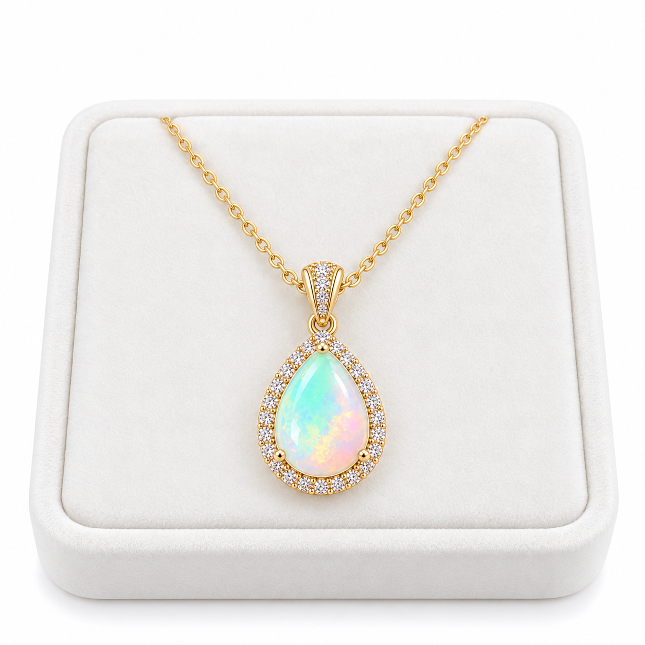 Natural 7x9mm pear-cut fire opal necklace displayed on a white velvet jewelry tray against a white background
