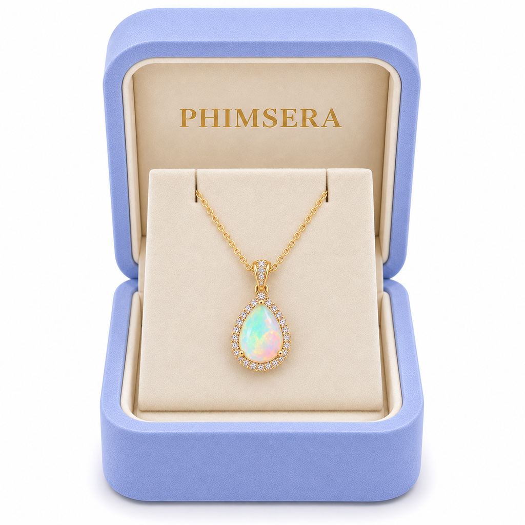 Natural 7x9mm pear-cut fire opal necklace presented inside a Phimsera jewelry box with Gold Plated pendant and colorful opal