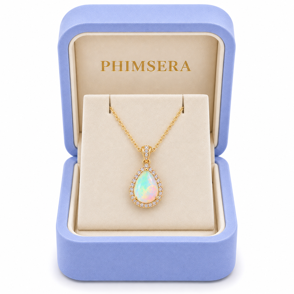 Natural 7x9mm pear-cut fire opal necklace presented inside a Phimsera jewelry box with Gold Plated pendant and colorful opal