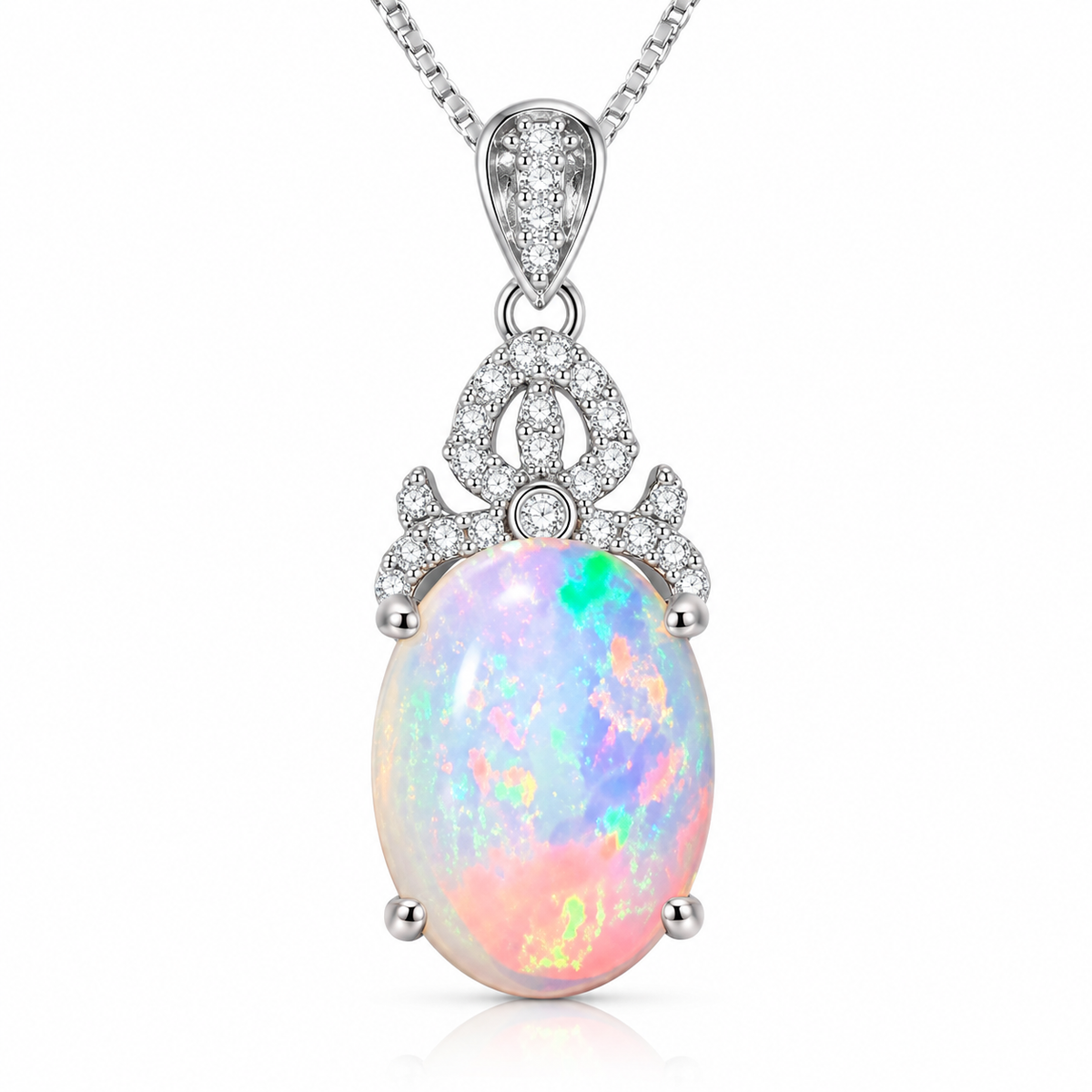 Natural 10x14mm oval fire opal pendant necklace in 925 sterling silver with colorful play-of-color