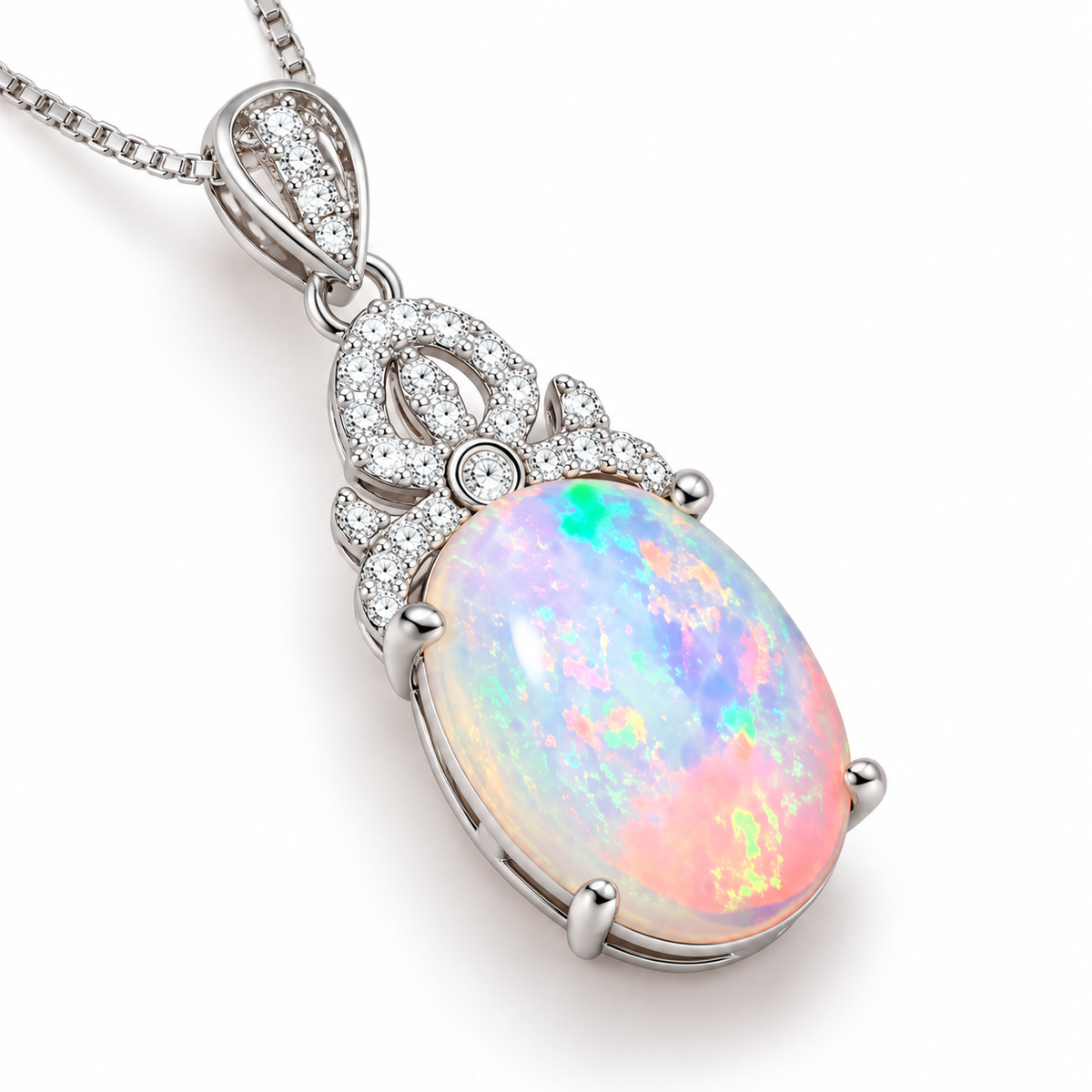 Natural 10x14mm oval fire opal pendant necklace shown from an angled view