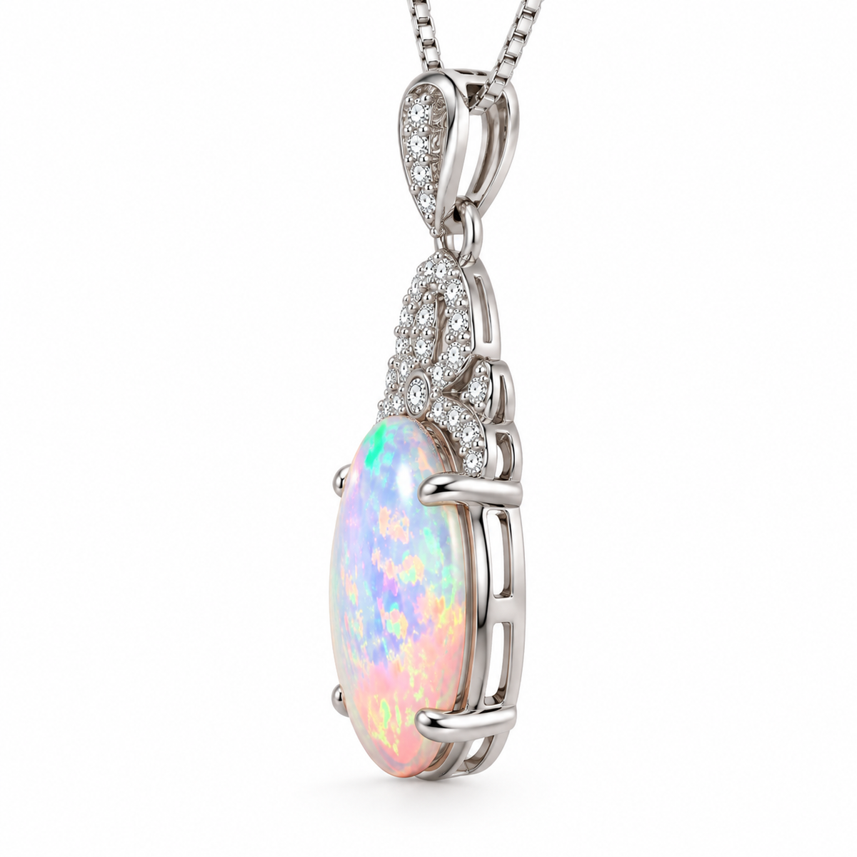 Side profile of 10x14mm natural oval fire opal pendant showing the gemstone setting