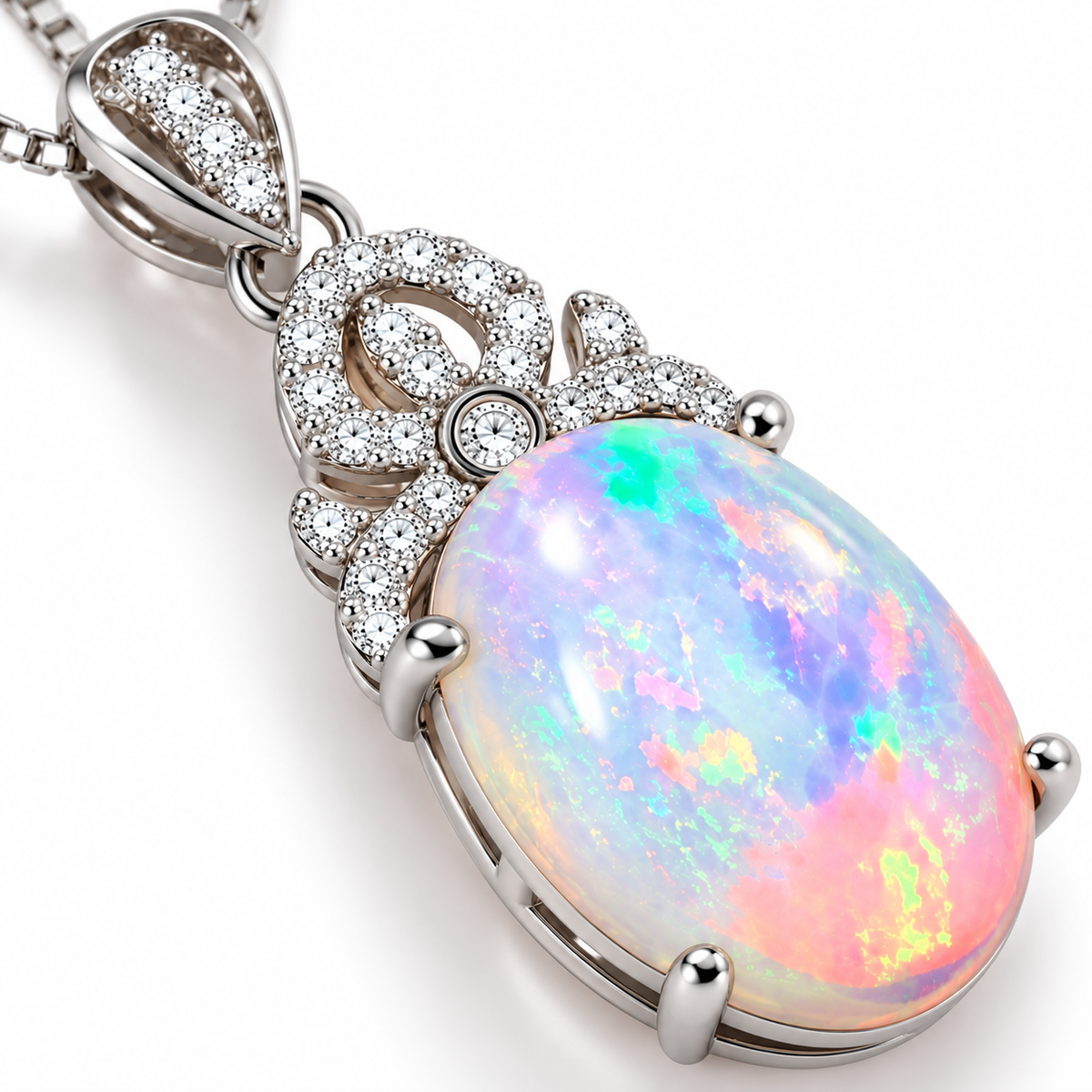 Macro close-up of natural 10x14mm oval fire opal showing colorful multicolor play-of-color