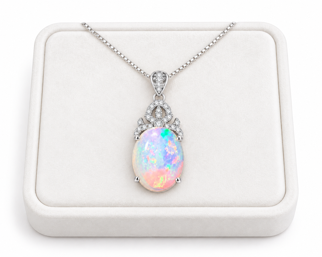 Natural 10x14mm oval fire opal pendant necklace displayed on a white velvet jewelry tray