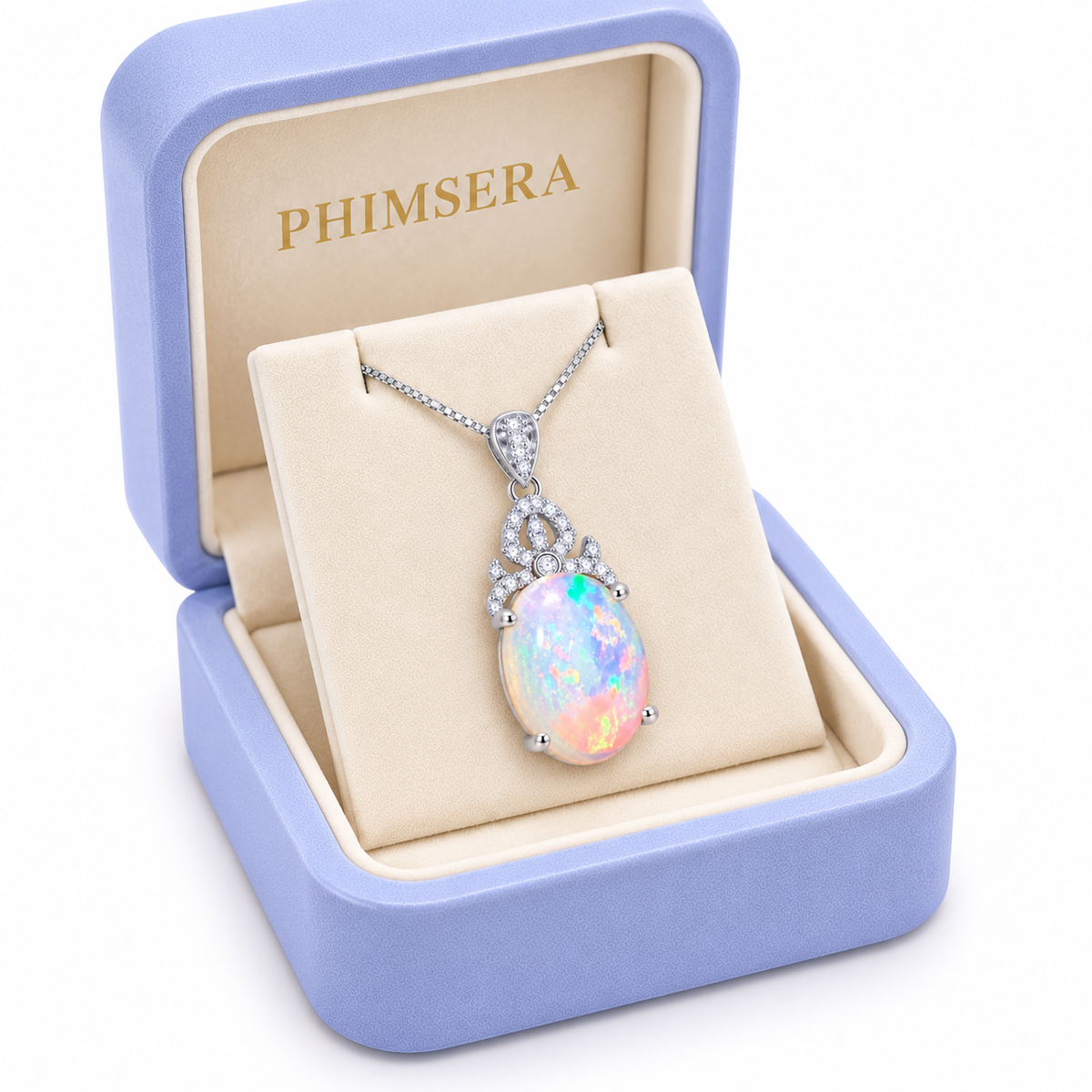 Phimsera natural 10x14mm fire opal pendant necklace presented in a jewelry gift box